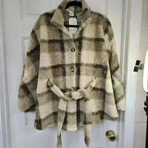 Wonderly Women's Plaid Shacket Belted Front Button Cape, Size OS NWT